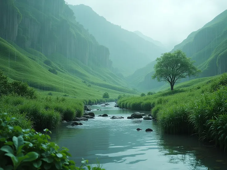 Beautiful Countryside atmosphere ,  is under a rainy hill and on the banks of a clear stream 