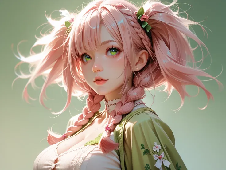 (( twin tails,pink and green gradient, braids ))Big Breasts