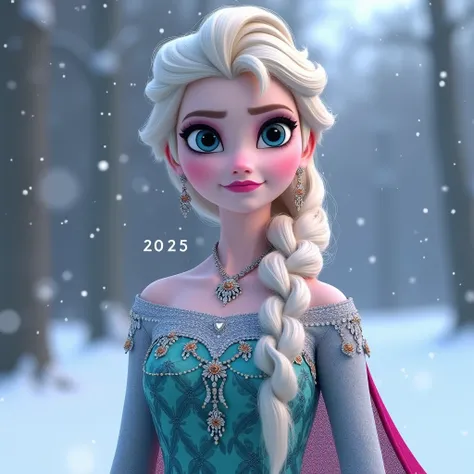 Princess Elsa Wearing Designer Saree With Treditional Indian Jewelry, Long Hair, Blue Eyes, Pink Lips, Extremely Detailed Face, Eyeliner, Diamond Earrings And Neckless, Shes Standing Front Of Happy New Year Greeting Card, " Happy New Year 2025 " written Fr...