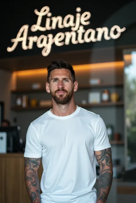  I would like a photo of Lionel Messi ,  looking in front ,  dressed in a short sleeve white t-shirt , in a business called Linaje Argentino .  the name of the business must be seen in silver.