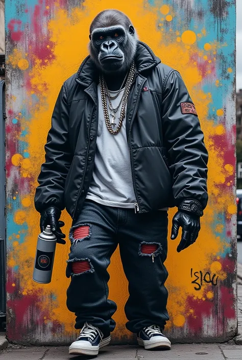  humanized gorilla in streetwear .  I see a police car with a siren at the end of the street {x} I have spray paint to draw graffiti in my hand. Police are searching ,   I see a police car with a siren at the end of the street .
 paint is flowing everywher...