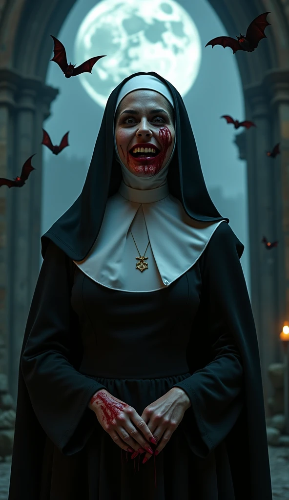 UHD, 8K, ultra detailed, (Vampire Queen, with a nun outfit, With a bloodthirsty smile, vampires fangs，Blood all over his face, Body, and blood moon in background. The scene is set in a Gothic castle，There are a lot of bats inside), beautiful lighting, grea...