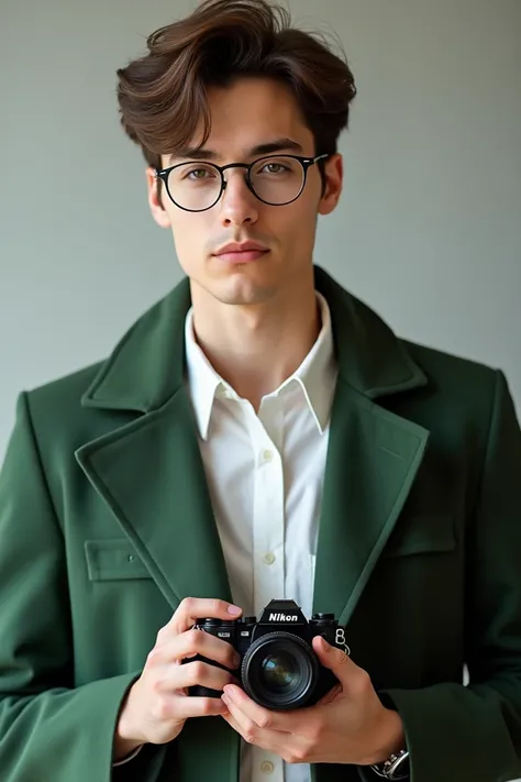 Brown-eyed brunette guy with half-rimmed thin glasses ,  with a green jacket and a white shirt and a Nikon camera