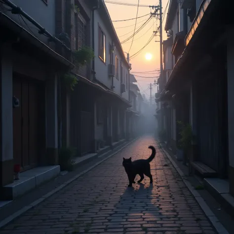 ( masterpiece:1.5), (extremely detailed:1.5), (best quality:1.5), a black cat, japan, old townscape, back alleys, cobblestones, sunrise color, 5AM, ( long alley:1.3), cat crossing the alley, scene, fog, (dead end:1.3)