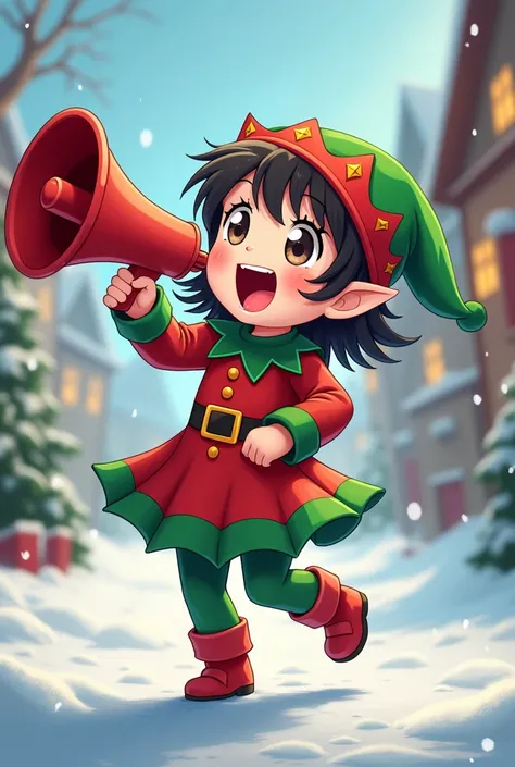 Girl in Christmas elf costume , With megaphone and scream through the anime