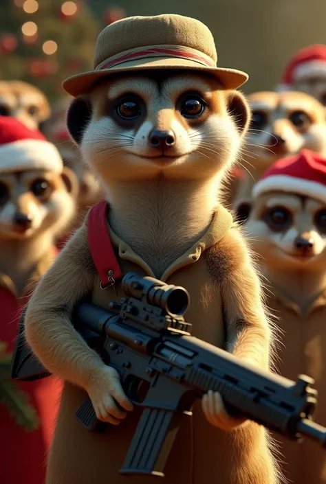  Create an image of a SURICATE with a serious face,In Tama Natalino  ,grossly , holding a gun  ,with a hat on her head  , protecting your Christmas party plus other meerkats ,very professional 