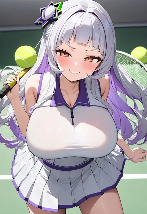 ( best quality, 8k, masterpiece),  girl , young , Idol , 1 person ,  murasaki shion,  hololive , Silver Hair  , Big Breasts ,smile ,  like heaven ,  red cheeks  , Tanimachis emphasis  , A rich variety of skin tones  , ( Tennis Costumes  :1.2) , ( huge brea...