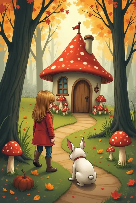 Un bébé fille dans un bois d’automne trouve une petite maison de lapin toute mignonne. Devant il y a des champignon magiques. Les lapins sont habillés classe. Son bichon blanc les regarde 