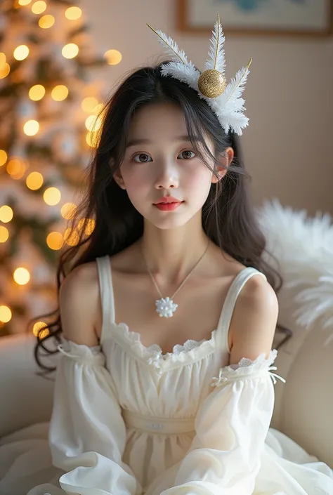 photorealism: 1.2), beautiful girl , Korean girl,face young , sitting in the living room, snowy atmosphere snow, beautifull thick eyebrows, small sharp nose, sweet peach lips, wearing a Christmas dress simpel white with a snow cold design,wearing a Christm...