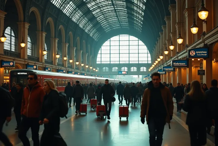 (((Busy train station, Puerta de Atocha in Madrid, very busy))), rush hour at the train station, crowded platforms, hurried passengers, luggage carts, ticket offices, loudspeaker announcements, architectural details, details intricate, spectacular lighting...