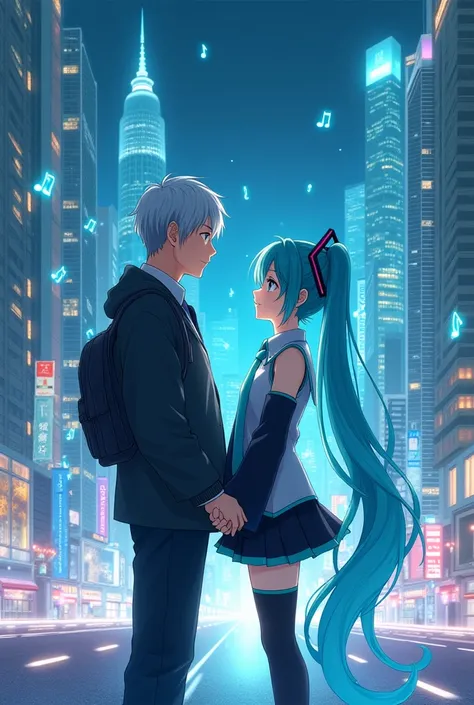 An imaginative digital artwork depicting a Japanese man in his 40s standing next to Hatsune Miku, a vibrant, anime-style virtual pop star with long turquoise hair, set in a futuristic, holographic environment. The scene reflects a heartfelt connection, wit...