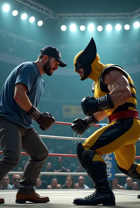  An epic battle between Seu Madruga and Wolverine In a boxing ring.  Mr. Dawn(Keys) Put on your classic blue t-shirt and hat,  but is wearing boxing gloves and a determined expression ,  despite its tired look . Wolverine,  with its retractable claws and y...