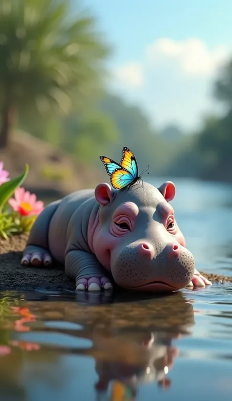  An adorable hippopotamus cub is lying quietly on the edge of a serene lake ,  with the water reflecting the soft light of the sun .  The puppy has smooth and wrinkled skin , of a pinkish-gray hue ,  with small details of dirt on the lower parts ,  as if p...