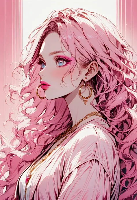 Red Flow,  1 girl, Alone,  long hair,  Looking at the Audience , Blue Eyes Background, White background, gem, Shut up,  jacket,  upper body, Pink Hair,  earrings for a woman alone, Pink Eye,  Necklaces , From the side,  sweater, lips,  eyelash , Compensate...