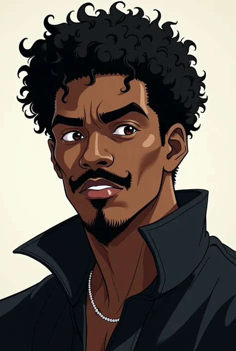 I would like to create a black man with curly hair ,with mustache,1,70 tall, with black clothes and half droopy eyes , and with a medium-strong physique
Put it in ANIME design