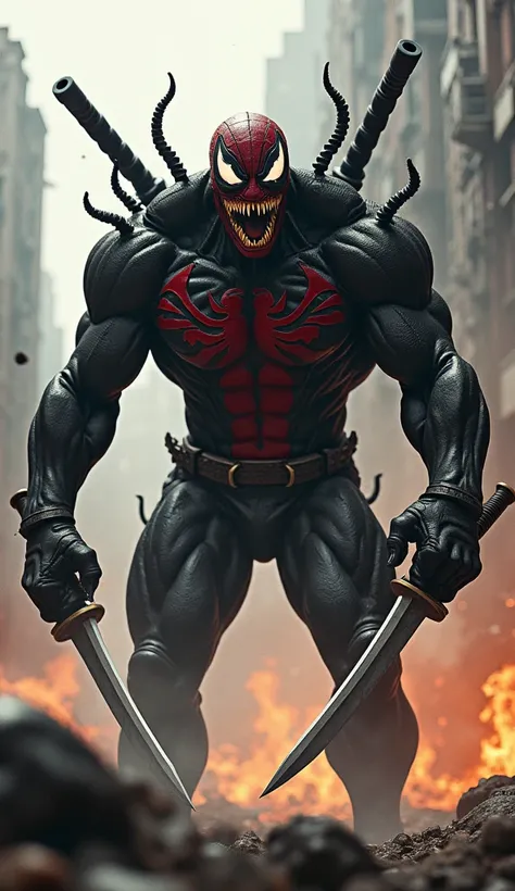 Rising from the chaos of a ruined cityscape, a terrifying hybrid of Venom and Deadpool stands as a twisted symbol of power and destruction. This fusion combines Venoms alien symbiote form—black, sinewy, and veined with throbbing red patterns—with Deadpools...