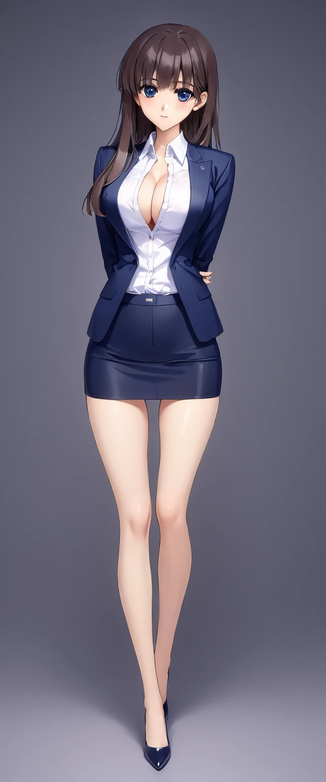 Megumi Kato,  1 girl, Alone, bangs,  brown hair, (((Female lawyer, ( formal suit micro mini skirt that shows only a little bit of crotch,   Micro Mini Pencil Skirt),  white shirt,   Navy Blue Jacket,Big Breasts、 cleavage、Thin legs、 I can see my white panti...