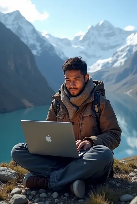 A nepali man using macbook in himalaya