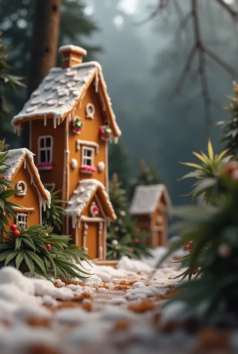 Hemp world, gingerbread houses, Christmas mood, low angle shot, macro photo