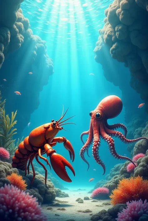 "Create a mesmerizing underwater scene where a vibrant lobster and a majestic octopus are positioned face-to-face, in a coral reef setting. The lobster, with its bright red and orange exoskeleton, has large, powerful claws raised slightly, displaying its i...