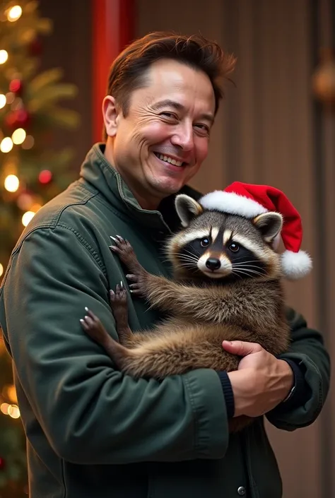 Elon Musk holding a raccoon with a Christmas hat, holiday  mood