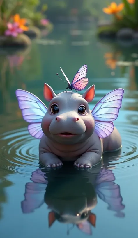  An adorable and unique creature emerges from the fusion of a hippopotamus cub and a butterfly ,  blending their characteristics in an enchanting and surprising way .  She has the robust and round body of the hippopotamus ,  with smooth, wrinkled skin ,  b...