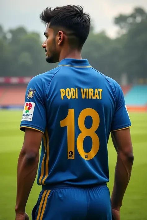 age 20 boy with sri lankan cricket jersy with jersy number 18 and name podi virat facing backside