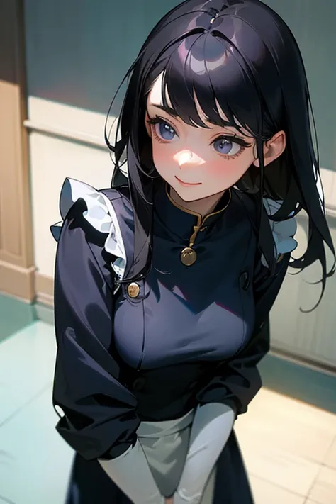 (  highest resolution,  clear _image)    best quality , single,   one woman, Alone,   Masterpiece ,   very detailed,  semi-realistic,   black hairのショートヘア,   black hair, bangs, 18 years old,  mature, light blue uniform, uniform,   indoor background, kind, D...