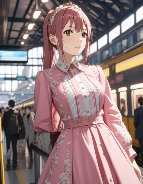 Busy Train Station, ( Yukiko Aikina_ Sword Art Online), UHD, retina, masterpiece, accurate, anatomically correct, textured skin, super detail, high details, high quality, best quality,  highres icon, 8k