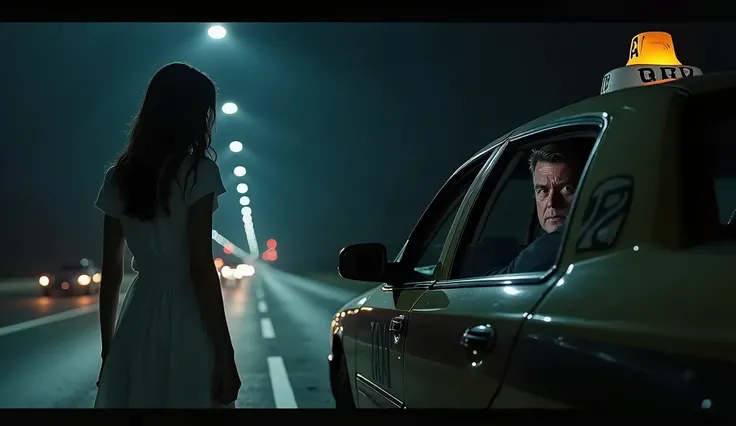 A taxi stopped on the side of a dark highway, with the driver  leaning out of the open window. A American driver, aged 45, looks cautiously at the mysterious woman in a white dress standing outside, her face calm but unsettling.