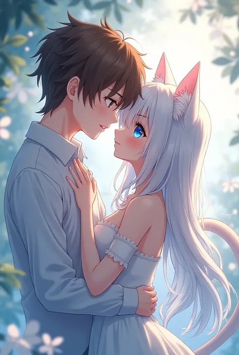 Anime character: cat girl blue eyes, white and long hairs with her lover is a boy brown hair, brown eyes 