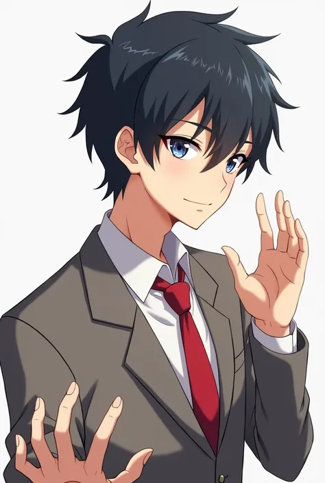 Create an anime image of a boy with red eyes on the right and blue on the left ,  using a suit with a red tie , waving hands 