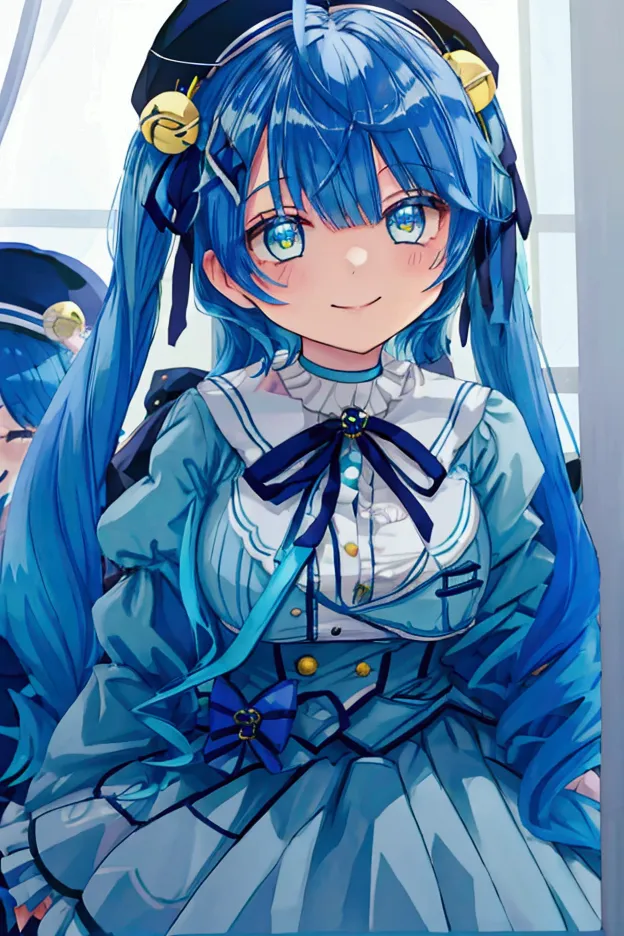 girl、smile、blue hair、 twin tails、beret、amamiya kokoro