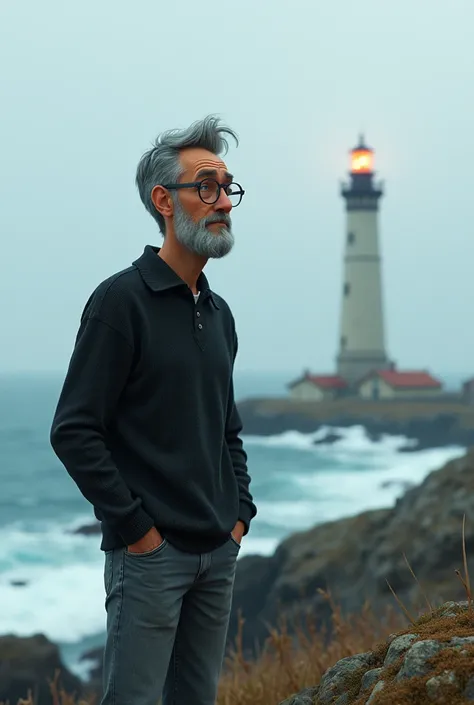  Man by the sea. Near a lighthouse .
 He has gray hair , des petites lunettes, une barbe grise de deux jours.
Il porte un pull noir et un jean gris.

Style Pixar.