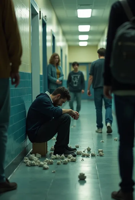 A sad man is sitting in a corner in the school hallway, around are other teenagers ,  looking at him with excellence ,  laughing and throwing lumps of paper at him. Figure size 16:9