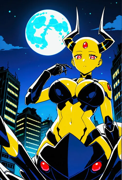 score_9,score_8_up,score_7, source anime, BREAK,1 girl, solo, mech spider girl, machine, arthropod girl, black mech suit, yellow skin, yellow body, long black demon_horn, insect_wings, bald, red-eyes, big large breasts honeycomb outline, black arachnid tau...