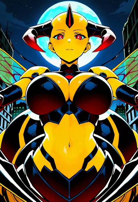 score_9,score_8_up,score_7, source anime, BREAK,1 girl, solo, mech spider girl, machine, arthropod girl, black mech suit, yellow skin, yellow body, long black demon_horn, insect_wings, bald, red-eyes, big large breasts honeycomb outline, black arachnid tau...