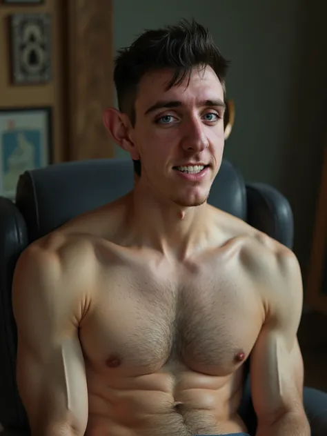 hyper-realistic 4K photo of tall, dark short haired, pale skin dorky white guy, ears larger, bigger nose. shirtless masculine hairy body. sitting in a chair, side poses, tongue out