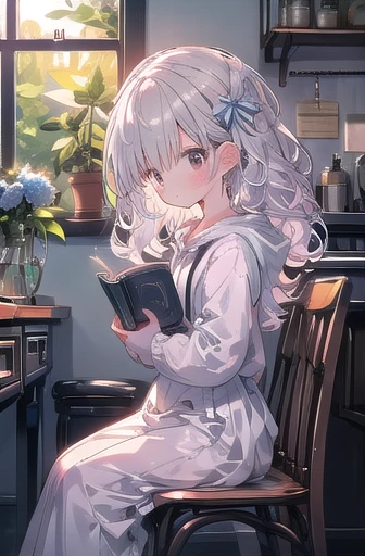      Silver Hair、  Long straight hair、 cute***、 cute、Canton 、Read a book、Quiet、   look up   、、     white dress 、     hoodies     、White Orchids     、    blue ribbon、、   Window   、、   Anxious expression、、   sit on a chair、pray