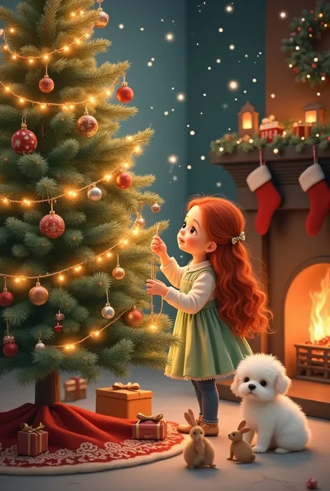 Les bébé lapin et un bichon blanc et une petite fille rousse aux cheveux longs ondulés préparent le sapin de Noël dans un salon à côté de la cheminée. Le sapin de Noël est magnifique 