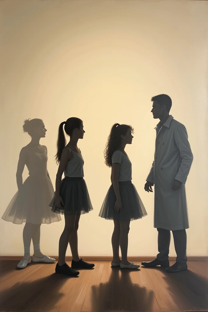 realistic painting of the shadows of a girl and a boy of sixteen turning their backs against a wall in the middle of them and in the background you can see the shadows of a couple of a ballet dancer and an upper-class nobleman 