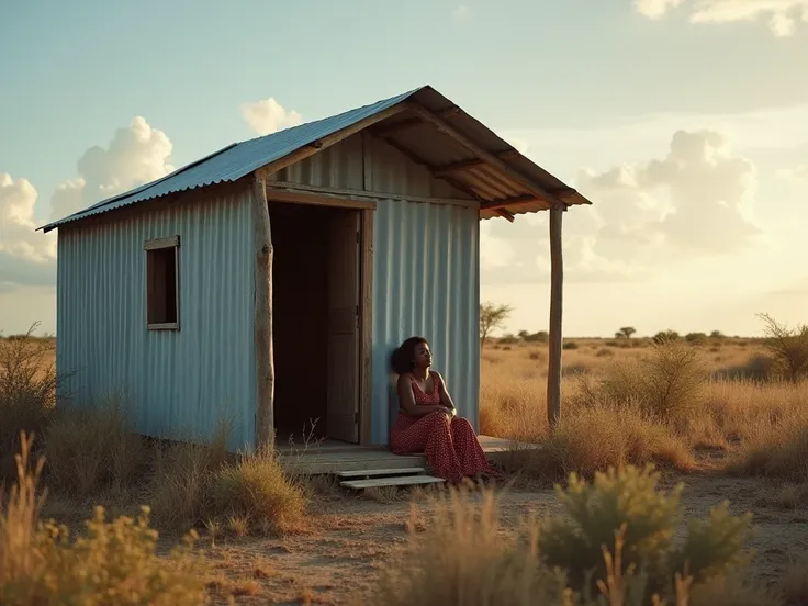 ultra realistic image of  " A humble house made of sheet metal in the middle of the bush , where a young black woman sits on a step ,  looking at the horizon with an expression of hope, Despite its difficult reality."