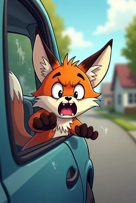 Upset scared Fox scratching on the car window cartoon