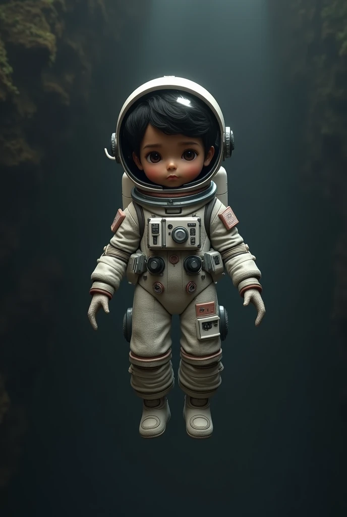  dark brown-skinned potato with astronaut suit,  black cabello,  boy with dark brown skin ,  black cabello, and astronaut suit . bottomless