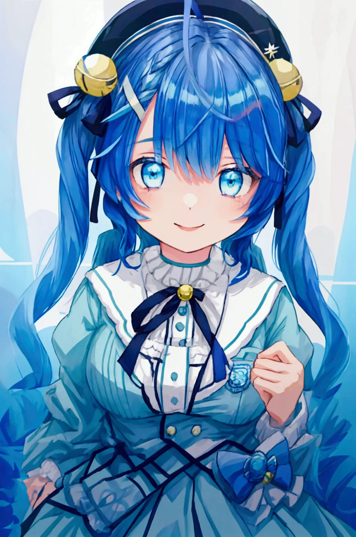 girl、smile、blue hair、 twin tails、beret、amamiya kokoro