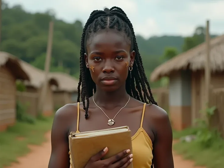 ultra realistic image of  " Scene of a young black woman with tear marks on her face ,  holding a frayed notebook as she courageously walks through a rural village, facing judgmental glances around her ."