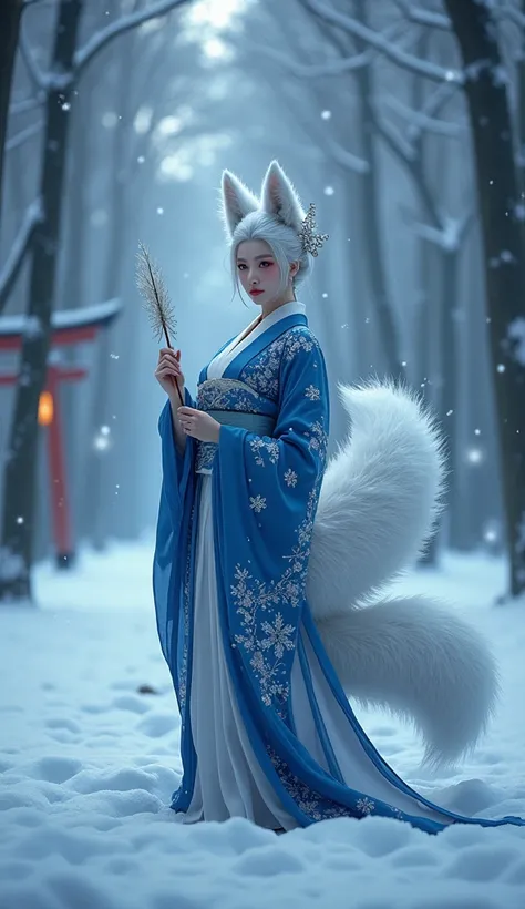 A mystical nine-tailed fox spirit, Kumiho, stands gracefully in a serene winter forest. Her elegant and captivating face displays refined, sharp features with an enchanting yet slightly mischievous expression. Her glowing, fox-like eyes exude ancient magic...