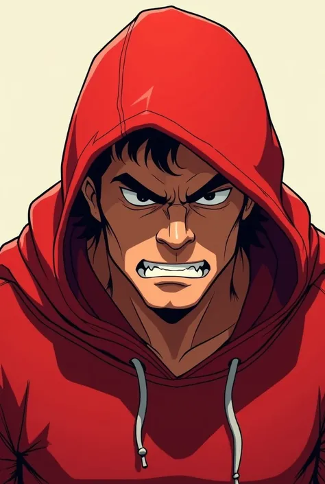 Animate a man using a red hoodie worn to his hair with a fierce face