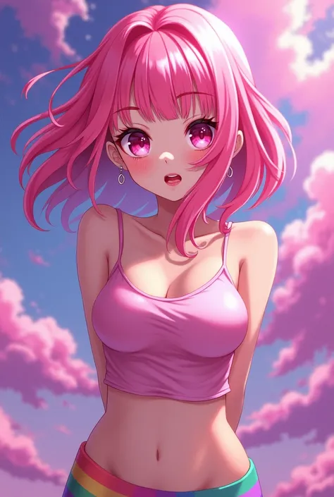 anime girl, pink lipstick, rosa Rock, rosa Nagellack, rainbow overknee ,  pink cropped tank top, pink hair, Pink eyes