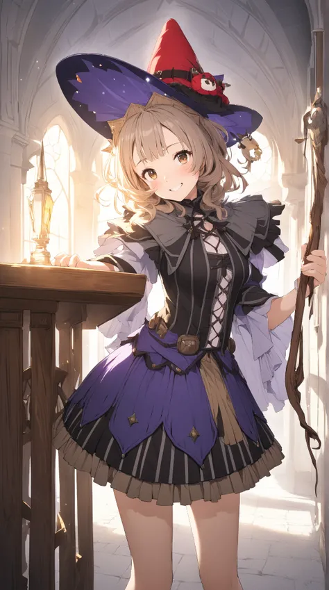 1 girl, (cute face), 18 years old, to many hairstyle, (curious, wide smile), (blush), medium breasts, slim, (wearing fantasy game style witchs costume, quexquémitl, Pollera), (witchs Hat:1.2), (leaning forward:1.2), (standing, breast rest on table), lookin...